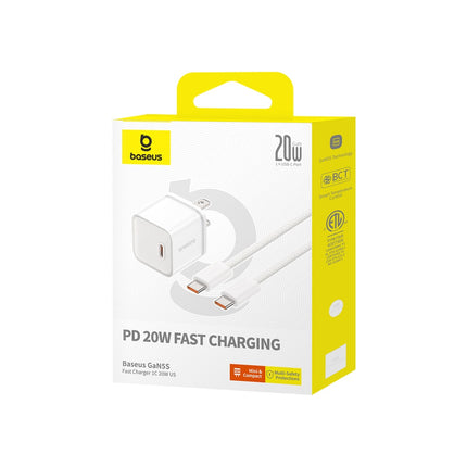 Cargador Rápido USB-C y Cable Nylon USB-C 1 Metro, Baseus, PD 20W