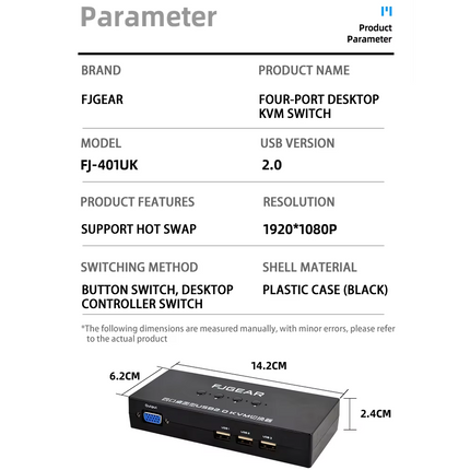 Switch VGA KVM 4 Puertos 1920*1440, 4 Cables VGA, 4PC