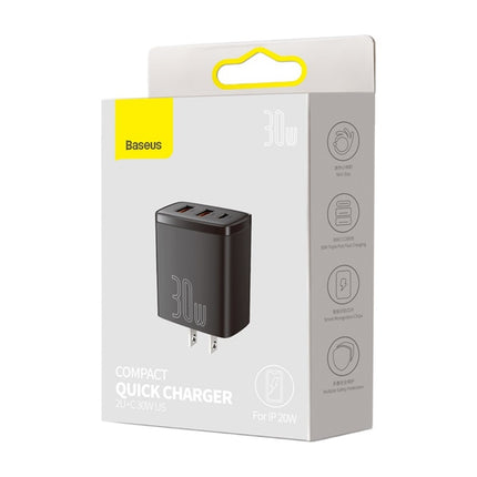 Cargador Rápido USBx2 Y USB-C, 30W, Negro, Baseus