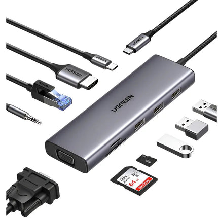 Hub Multipuerto 10 en 1 HDMI, VGA, RJ45, SD, TF, USB-C Ugreen