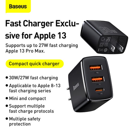 Cargador Rápido USBx2 Y USB-C, 30W, Negro, Baseus