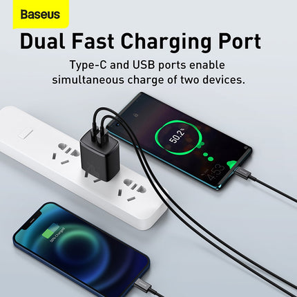 Cargador Rápido Compacto, 20W, USB-C y USB-A, Baseus
