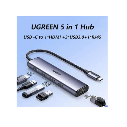 Adaptador UGREEN Hub USB-C 5 en 1, USB C, 3*USB 3.0 5Gbps, HDMI y RJ45