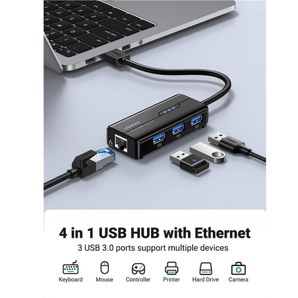 Hub Ethernet 3.0 4 en 1 USB 3.0x3  RJ45x1 Ugreen