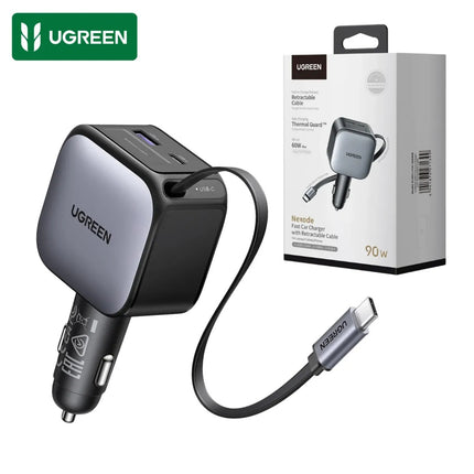 Cargador de Auto Ugreen 90W Cable retráctil USB-C y carga rápida
