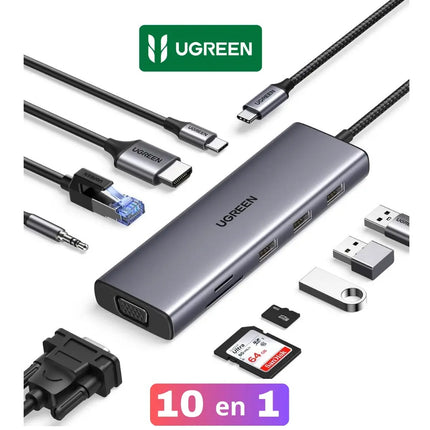 Hub Multipuerto 10 en 1 HDMI, VGA, RJ45, SD, TF, USB-C Ugreen