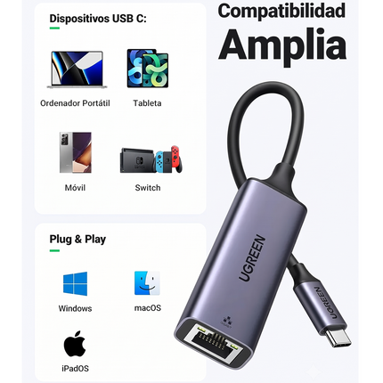 Adaptador USB-C a Ethernet RJ45 1000 Mbps Ugreen