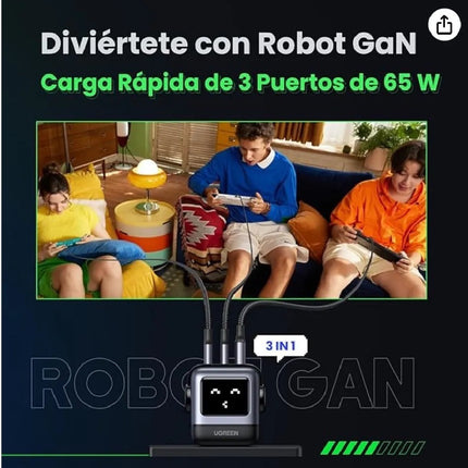 Cargador Robot 65W UGREEN Nexode GaN USB-C USB-A Negro