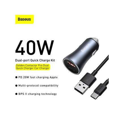 Cargador Para Auto 40W USB-C USB-A, Cable 1M , Baseus