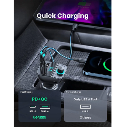 Cargador Y Transmisor, Bluetooth, Ugreen, 4 Puertos,  Para Automóviles