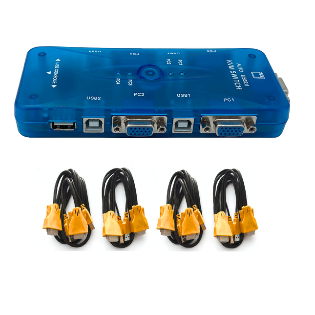 Switch VGA KVM 4 Puertos HD 1080p 3D USB2.0, 4 Cables VGA 4PC