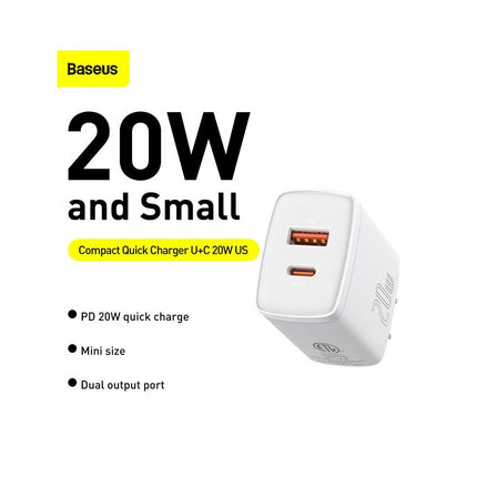 Cargador Rápido 20W USB-C y USB-A Compacto Baseus