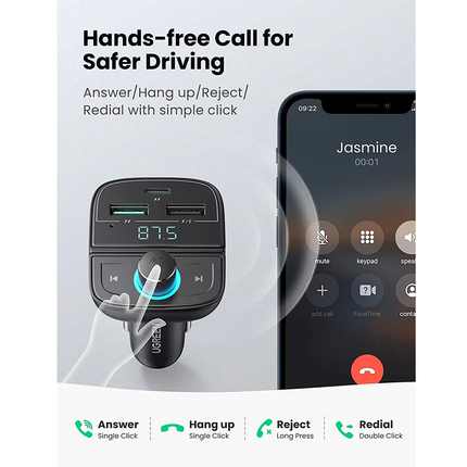 Cargador Y Transmisor, Bluetooth, Ugreen, 4 Puertos,  Para Automóviles