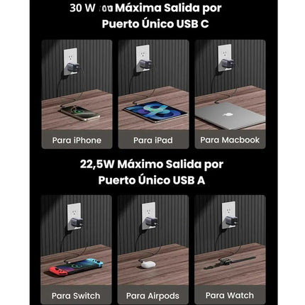 Cargador Carga Rápida 30W UGREEN USB-C y USB-A