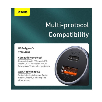 Cargador Para Auto 40W USB-C USB-A, Cable 1M , Baseus