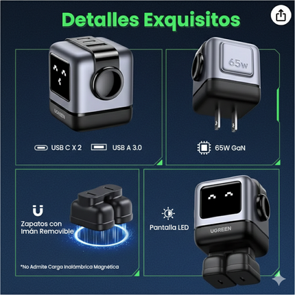Cargador Robot 65W UGREEN Nexode GaN USB-C USB-A Negro