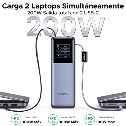 Batería Portátil 200W Cable Integrado USB-Cx2 25000mAh Ugreen