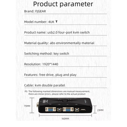 Switch VGA KVM 4PC, 1 monitor, Teclado y Mouse, 4 Cables VGA