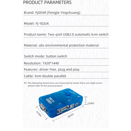 Switch VGA KVM 2 Puertos HD 1080p 3D USB2.0, 2 Cables VGA, 2PC