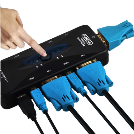 Switch VGA KVM 4PC, 1 monitor, Teclado y Mouse, 4 Cables VGA