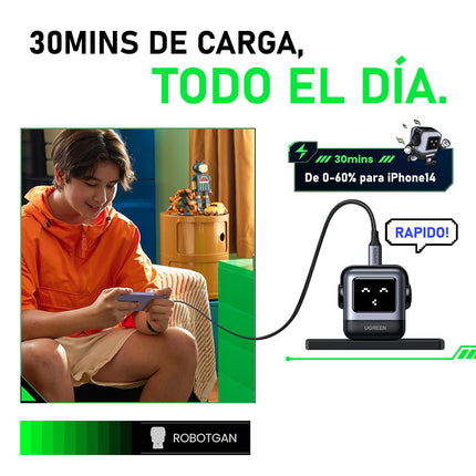 Cargador Robot UGREEN, 30W Nexode RG, GaN, USB-C, Carga Rápida, Negro