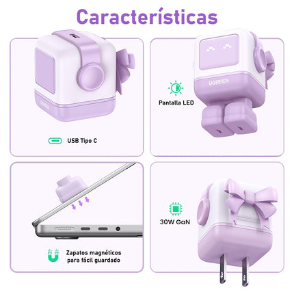 Cargador Robot UGREEN, 30W Nexode RG,GaN, USB-C, Carga Rápida, Purpura