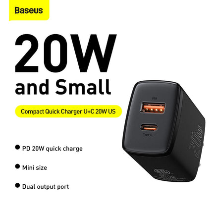 Cargador Rápido Compacto, 20W, USB-C y USB-A, Baseus
