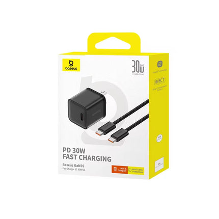 Cargador Rápido Tipo C y Cable Nailon Tipo C 1 Metro, Baseus, PD 30W,